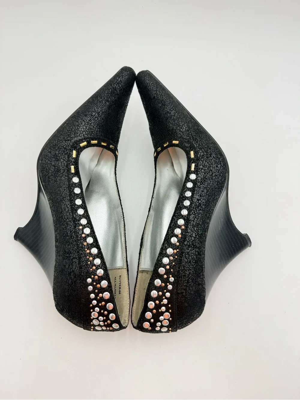 Anne Michelle Black Jeweled Wedge Pumps